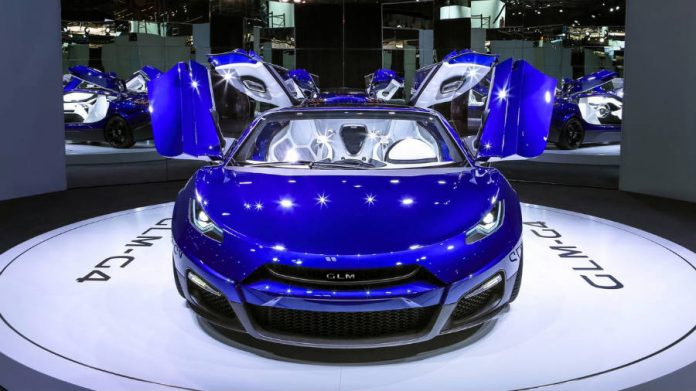 GLM unveils the G4, its first super car, at the Paris Motor Show 2016.