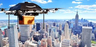 Amazon Prime Drone flying over a city.