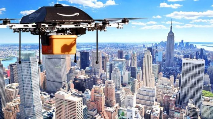 Amazon Prime Drone flying over a city.